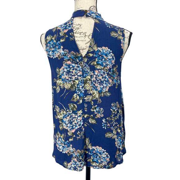 En Creme Women's Blue Floral Keyhole Halter Neck Faux-Wrap Blouse Top Size Small - Picture 6 of 8